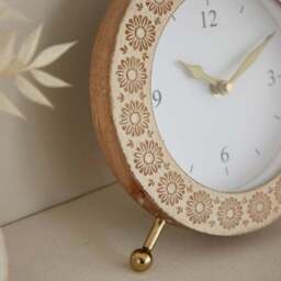 Carved Mango Wood Round Mantel Clock - thumbnail 2