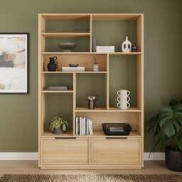Hardy Wide Bookcase with 2 Drawers, Oak Effect - thumbnail 1