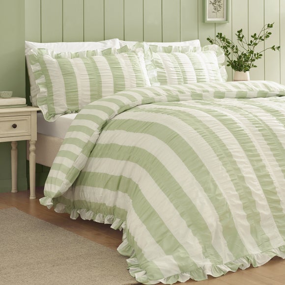 Catherine Lansfield Seersucker Frill Stripe Polycotton Duvet Cover & Pillowcase Set - image 1
