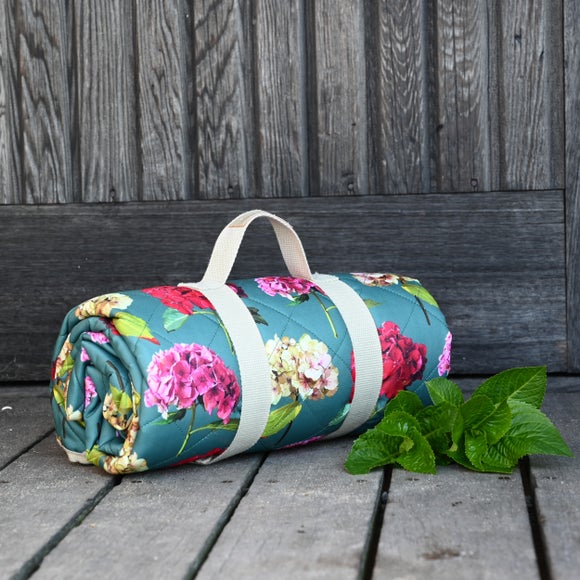 Navigate Sarah Kelleher Teal Rose Print Quilted Picnic Blanket - image 1