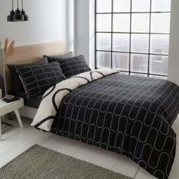 Catherine Lansfield Linear Curve Geometric Black Reversible Duvet Cover & Pillowcase Set - thumbnail 2