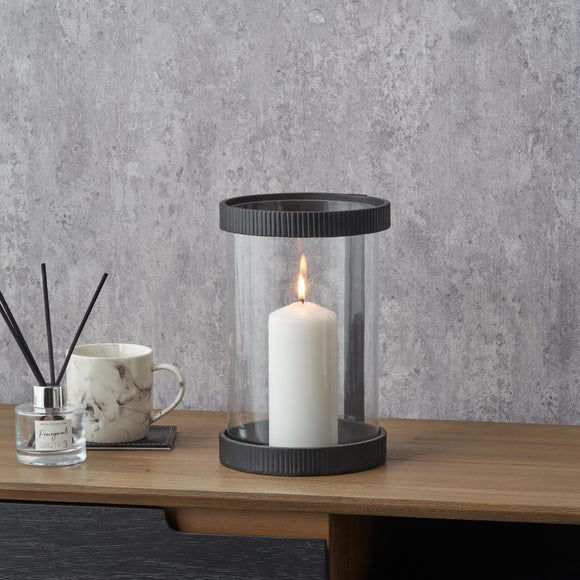 Black Ribbed Metal Glass Cylinder Hurricane Candle Holder - image 1