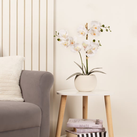 Artificial White Phalaenopsis Orchid in Beige Ceramic Plant Pot - image 1