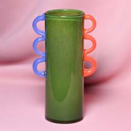 Raspberry Blossom Wavy Handled Green Glass Vase - thumbnail 1