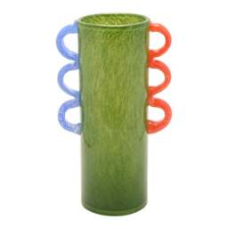 Raspberry Blossom Wavy Handled Green Glass Vase - thumbnail 2
