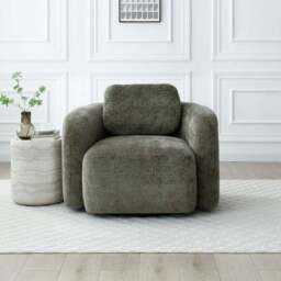 Max Olive Distressed Chenille Curved Swivel Accent Chair - thumbnail 2