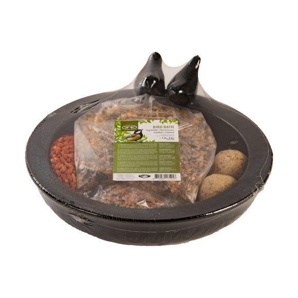 Fallen Fruits Bird Bath Ceramic Black Round with Bird Food - image 1