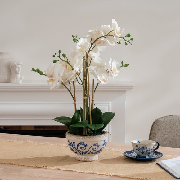 Artificial Cream Phalaenopsis Orchid in Crackle Pot - image 1