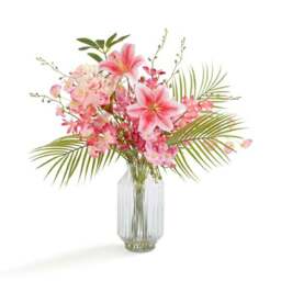 Artificial Orchid & Fern Bouquet in Ribbed Glass Vase - thumbnail 3