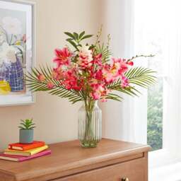Artificial Orchid & Fern Bouquet in Ribbed Glass Vase - thumbnail 1