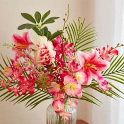 Artificial Orchid & Fern Bouquet in Ribbed Glass Vase - thumbnail 2