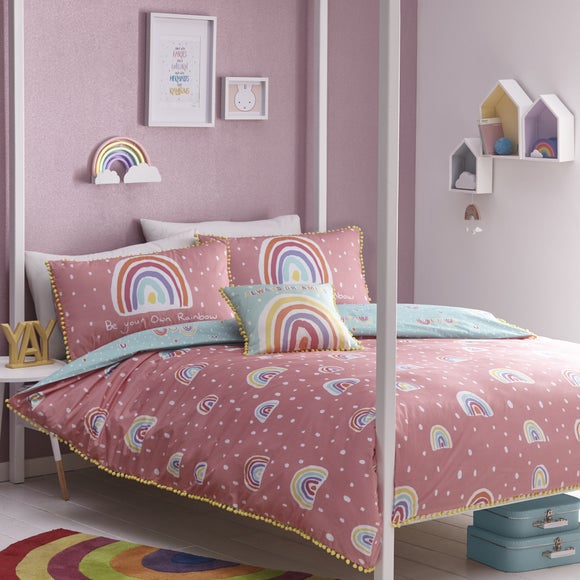 Rainbow Pom Pom 100% Cotton Single Duvet Cover & Pillowcase Set