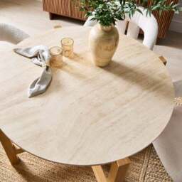 Halton 4 Seater Round Dining Table, Travertine Stone & Oak - thumbnail 6
