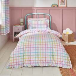 Rainbow Frilled Checked 100% Cotton Duvet Cover & Pillowcase Set - thumbnail 1