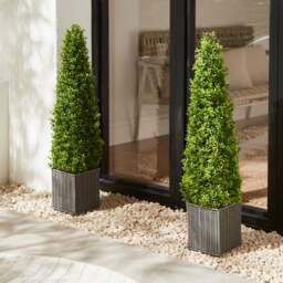 Set of 2 Artificial Boxwood Cone Shaped Trees in Woven Plant Pots - thumbnail 1