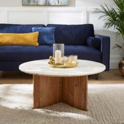Arya Round Coffee Table, Mango Wood and Real Marble - thumbnail 1