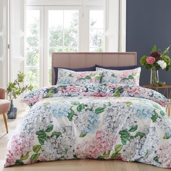 RHS Hydrangea Garden 200 Thread Count White Cotton Reversible Duvet Cover and Pillowcase Set