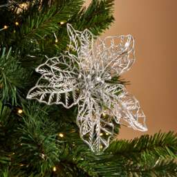 Metallic Silver Poinsettia Pick Tree Decoration - thumbnail 1