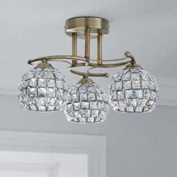 Bergen Crystal Antique Brass 3 Light Semi Flush Ceiling Light - thumbnail 2