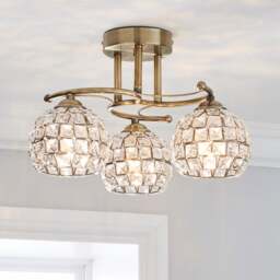 Bergen Crystal Antique Brass 3 Light Semi Flush Ceiling Light - thumbnail 1