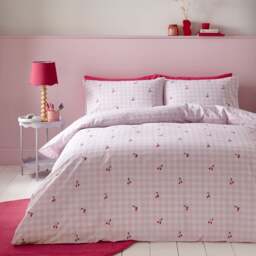 Embroidered Cherry Gingham Duvet Cover & Pillowcase Set By Dunelm