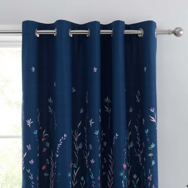 Whimsical Floral Midnight Blackout Eyelet Curtains Blue/Green/Pink