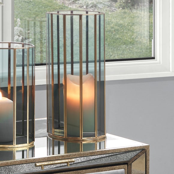Brass & Smoked Glass Panelled Hurricane Candle Holder - image 1