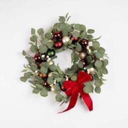 Artificial Eucalyptus Wreath with Baubles, White Berries & Red Ribbon Bow - thumbnail 3