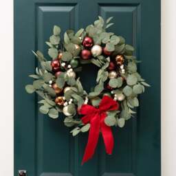 Artificial Eucalyptus Wreath with Baubles, White Berries & Red Ribbon Bow