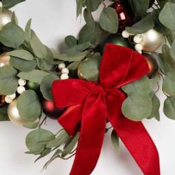 Artificial Eucalyptus Wreath with Baubles, White Berries & Red Ribbon Bow - thumbnail 2