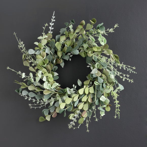 Artificial Mixed Green & Eucalyptus Wreath on Rattan Base - image 1