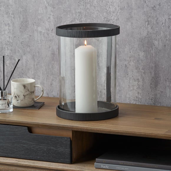 Black Ribbed Metal Glass Cylinder Hurricane Candle Holder - image 1