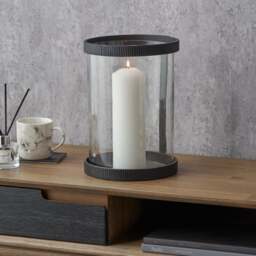 Black Ribbed Metal Glass Cylinder Hurricane Candle Holder - thumbnail 1