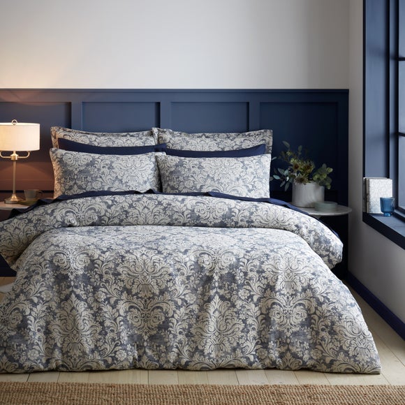 Rayna Damask Jacquard Blue 100% Cotton Duvet Cover & Pillowcase Set