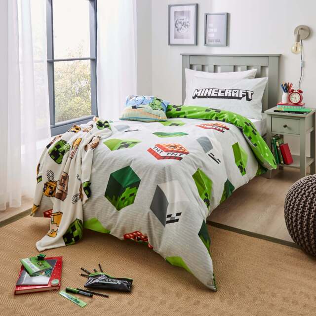 Minecraft Grey Single Duvet Cover and Pillowcase Set Grey/Green by