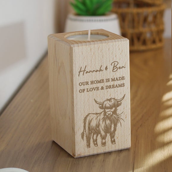 Personalised Highland Cow Wooden Tealight Holder - image 1