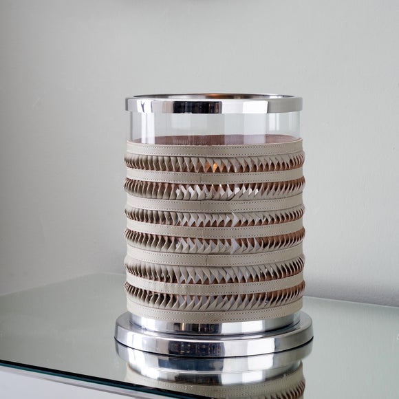 Silver & Grey Plaited Leather Hurricane Candle Holder - image 1