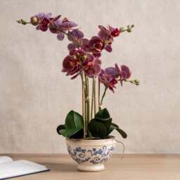 Artificial Real Touch Dark Pink Phalaenopsis Orchid in Ceramic Plant Pot