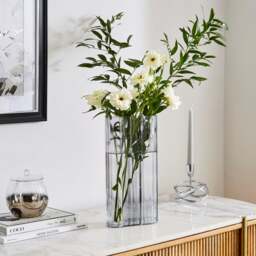 Luxe Ribbed Rectangle Grey Glass Vase - thumbnail 1