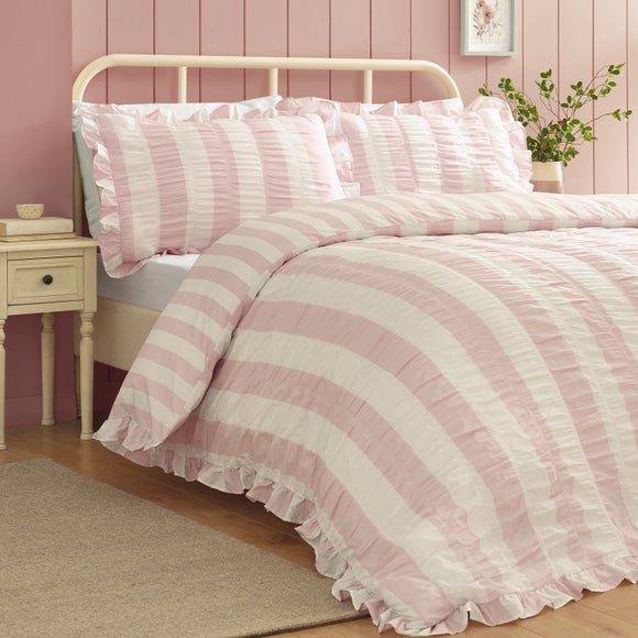 Catherine Lansfield Seersucker Frill Stripe Polycotton Duvet Cover & Pillowcase Set - image 1