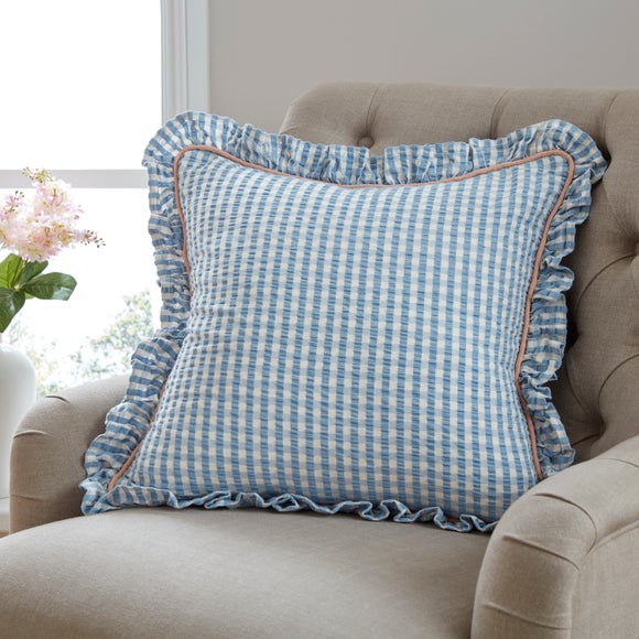 Seersucker Gingham Frill Cotton Square Cushion - image 1