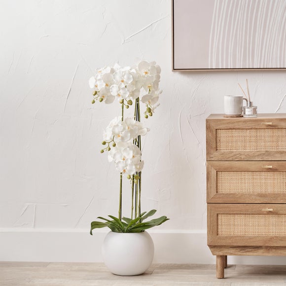 Artificial White Orchid in Rounded White Plant Pot - image 1
