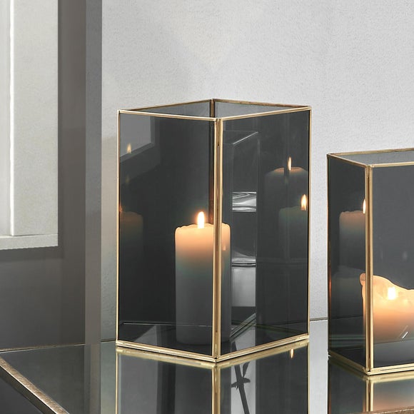 Brass & Smoked Glass Panelled Square Hurricane Candle Holder - image 1