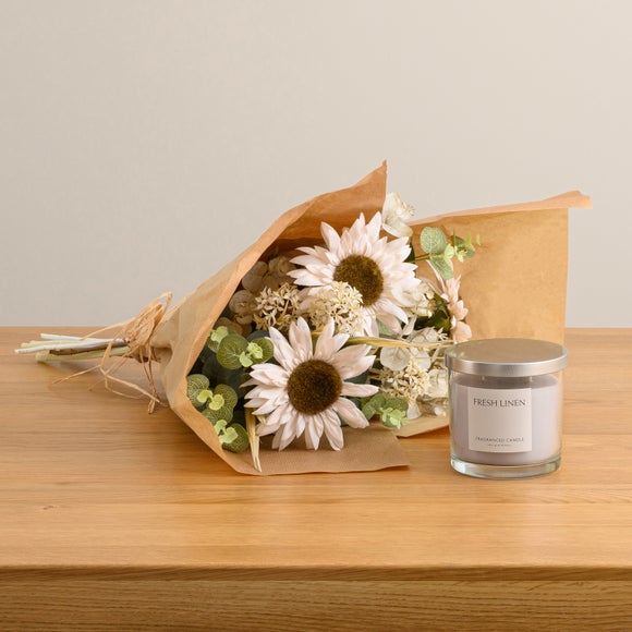 Artificial Cream Sunflower Bouquet & Fresh Linen Candle Gift Set - image 1