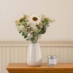 Artificial Cream Sunflower Bouquet & Fresh Linen Candle Gift Set - thumbnail 2