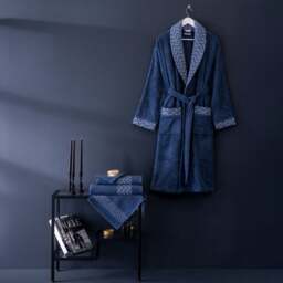 Per La Casa Set of 5 Denim Blue Rakka Jacquard Medium Bathrobe & Towels