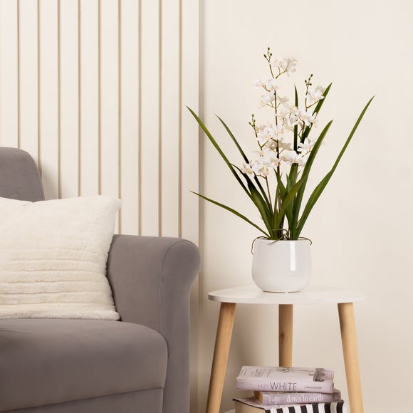 Artificial White Mini Cymbidium Orchid in White Ceramic Plant Pot - image 1