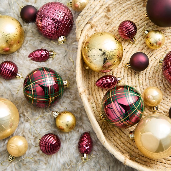Pack of 30 Shatterproof Heritage Burgundy & Gold Baubles