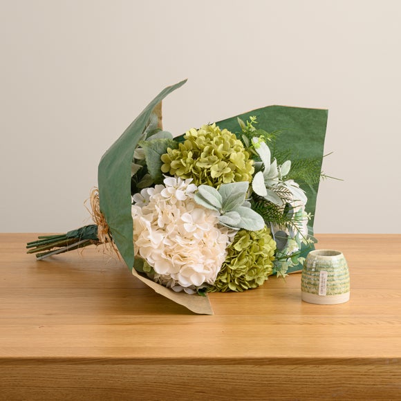 Artificial Hydrangea Bouquet & Amber & Pine Ceramic Candle Gift Set - image 1