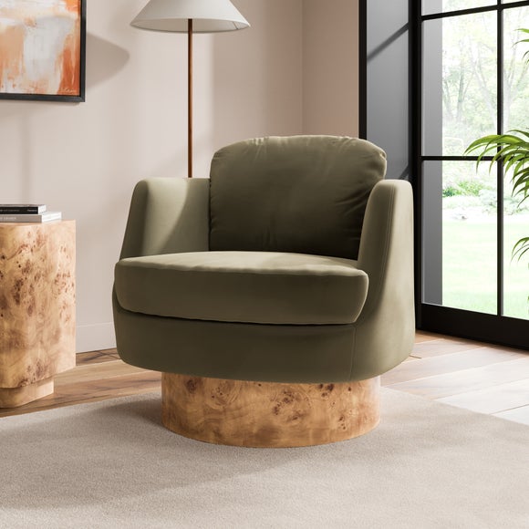 Tova Velvet Swivel Chair with Light Burl Wood Effect Base - image 1